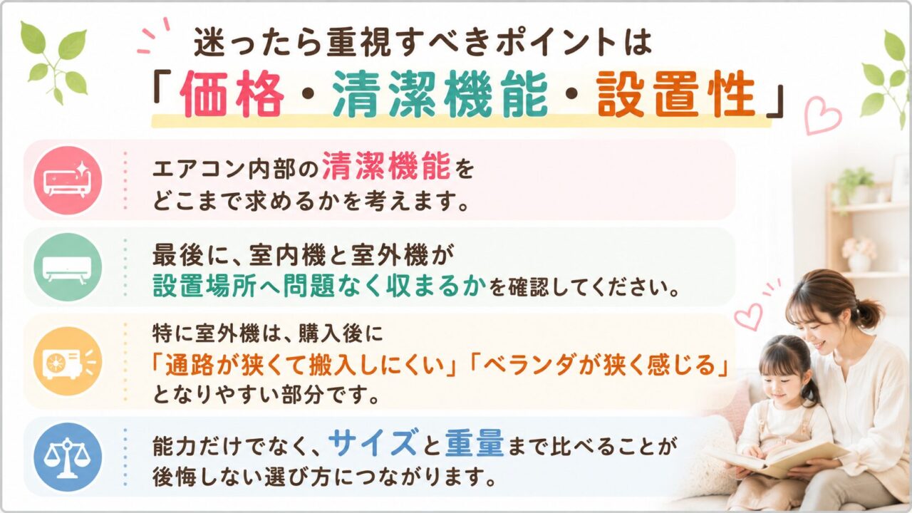 エアコン選びで重視する価格・清潔機能・設置性