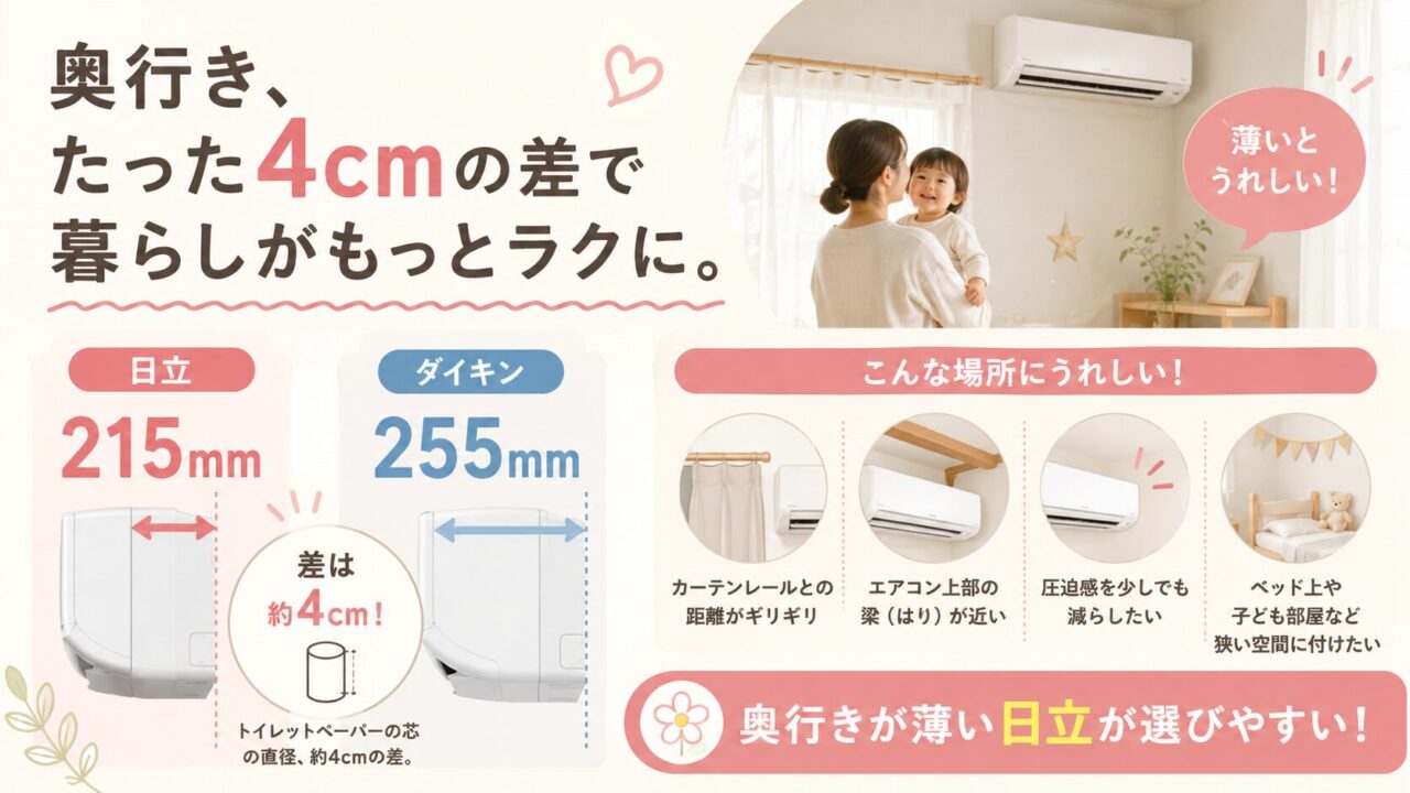 室内機の奥行きは、日立が215mmでダイキンは255mm。4 cmの差は。