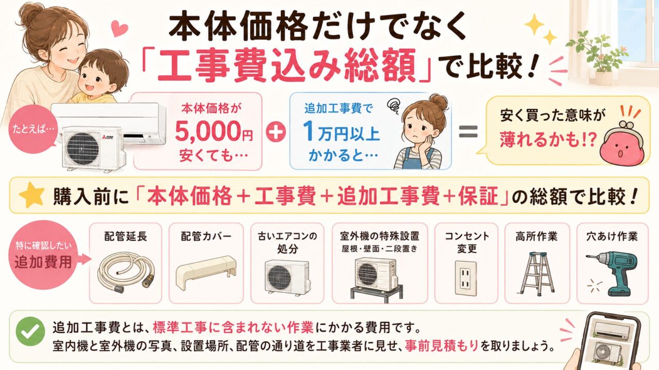 エアコンを工事費込み総額で比較するポイント