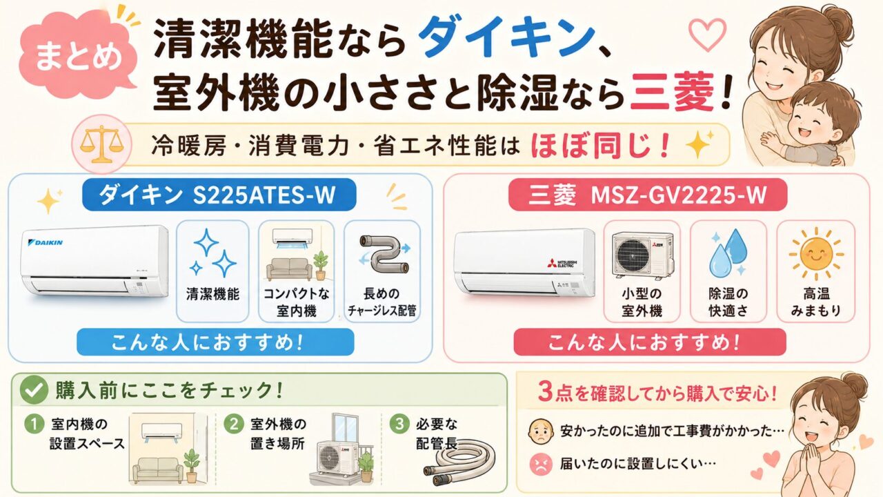 ダイキンS225ATES-Wと三菱MSZ-GV2225-Wの比較まとめ