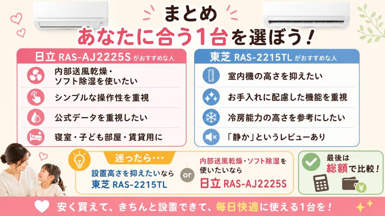 日立RAS-AJ2225Sと東芝RAS-2215TLの選び方まとめ