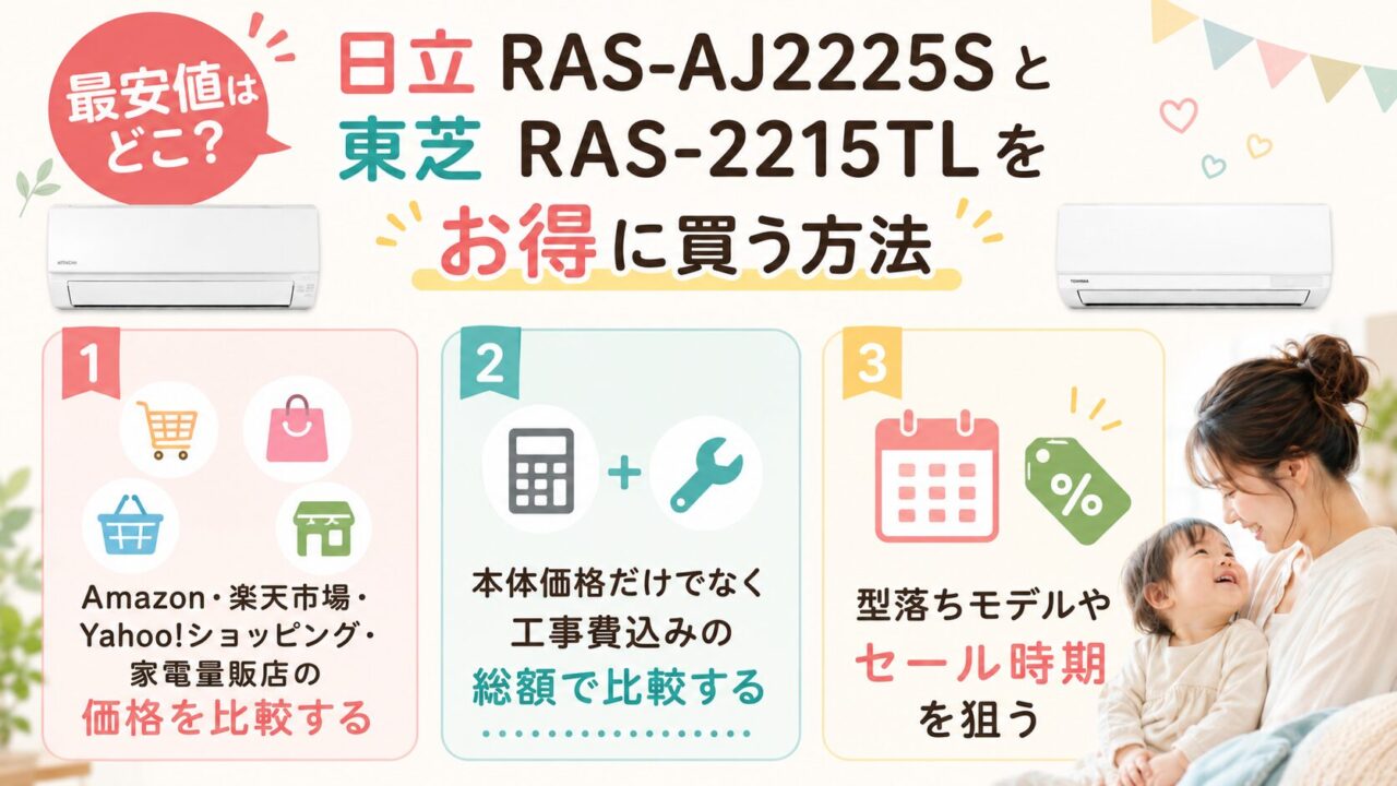 日立RAS-AJ2225Sと東芝RAS-2215TLをお得に買う方法