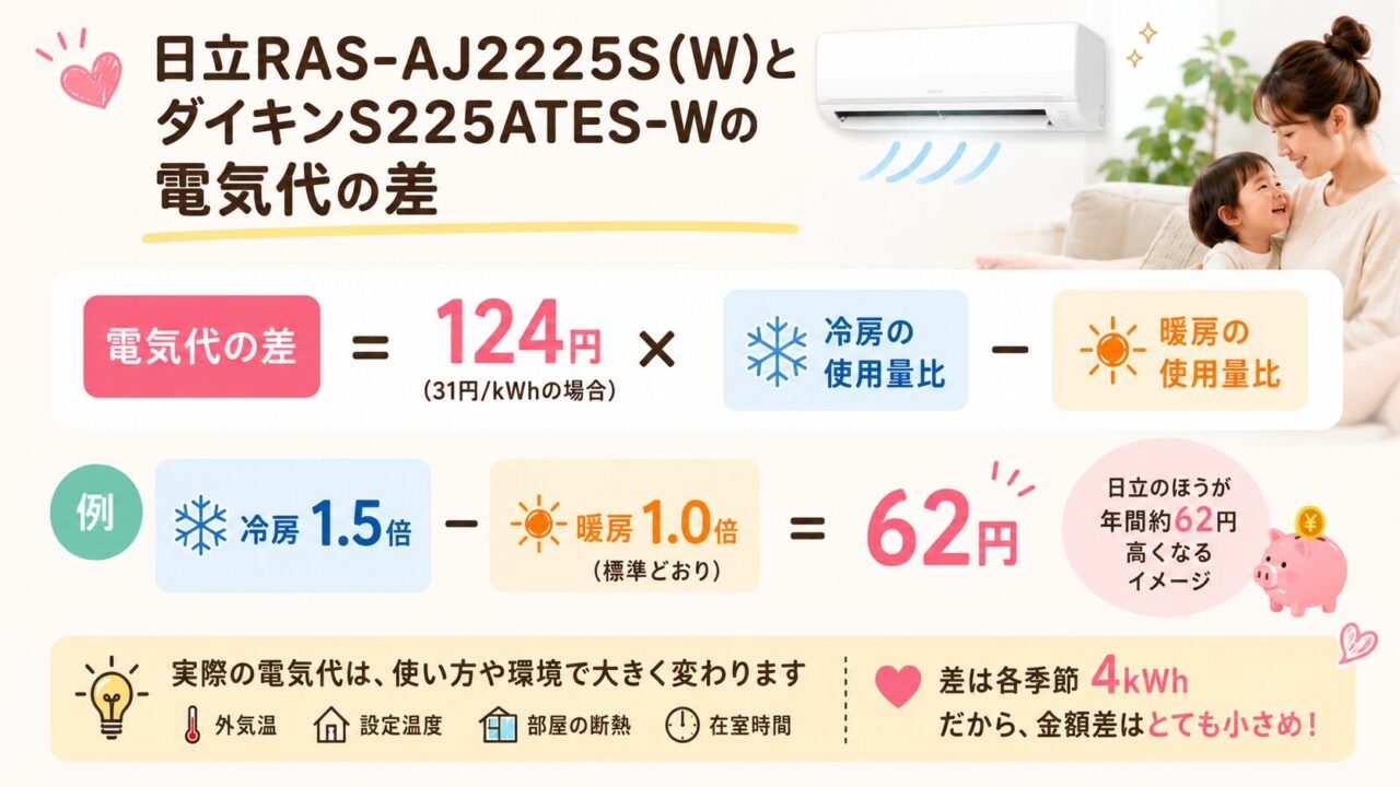 日立RAS-AJ2225S(W)とダイキンS225ATES-Wの電気代の違い:計算式