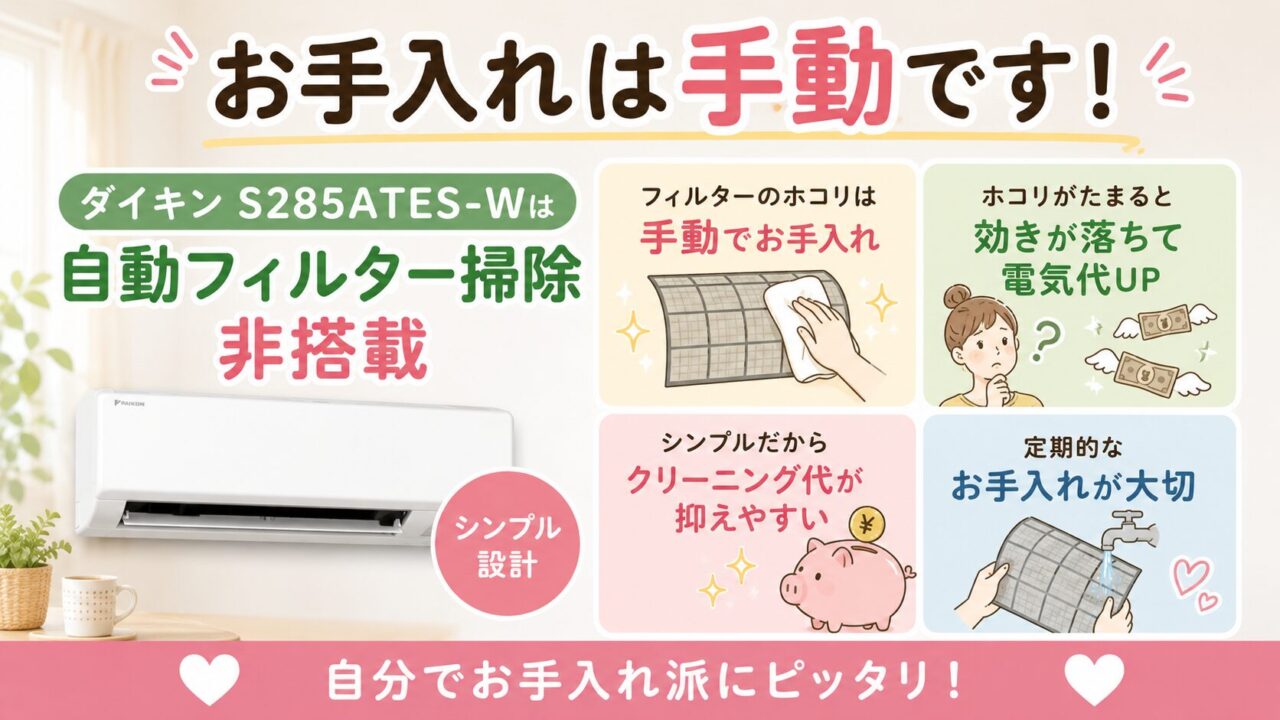 ダイキンS285ATES-Wは自動フィルター掃除非搭載