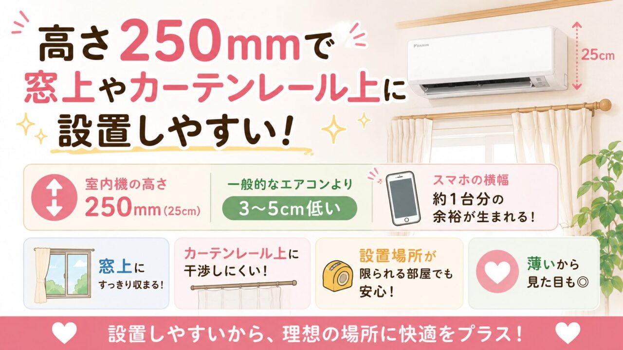 ダイキンS285ATES-Wは高さ250mmで設置しやすい