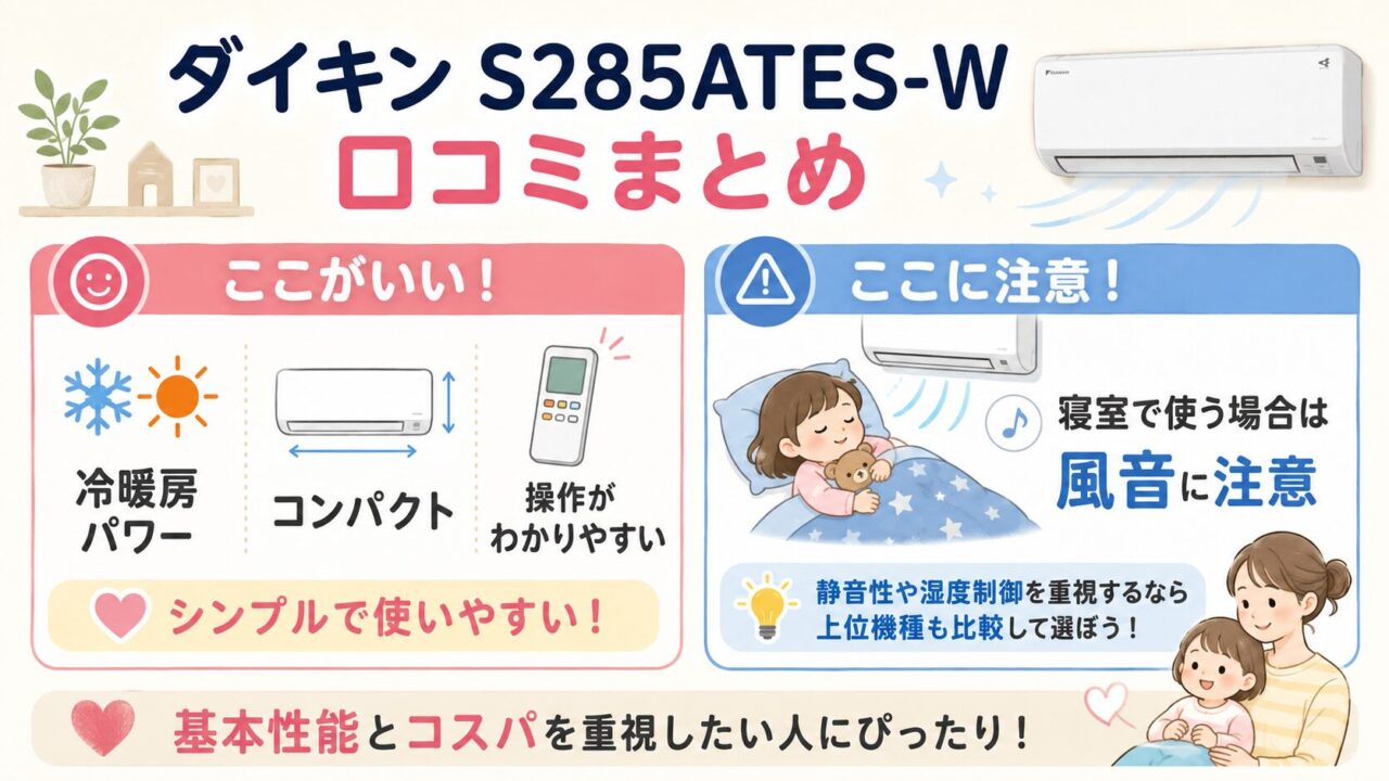ダイキンS285ATES-Wの口コミまとめ