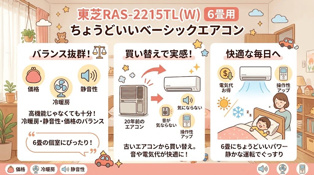 東芝RAS-2215TL(W)はコスパ重視の6畳用エアコン