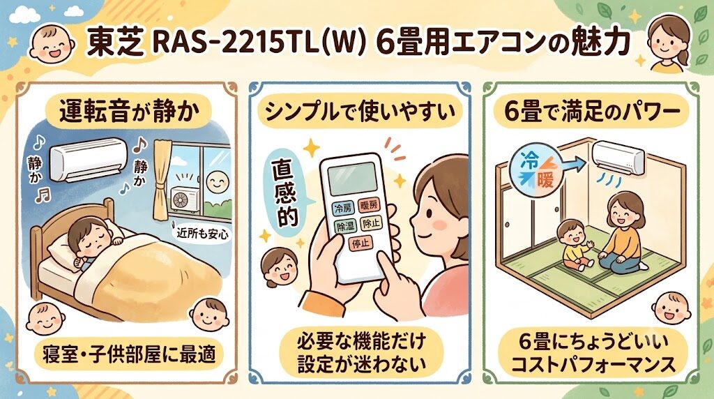 東芝RAS-2215TL(W)良い口コミでは静音性や使いやすさが高評価