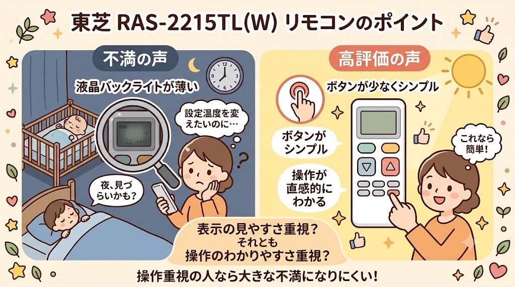 東芝RAS-2215TL(W)の悪い口コミ：リモコンの液晶が見づらい
