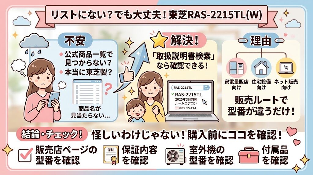 東芝RAS-2215TL(W)の悪い口コミ：公式の商品一覧で型番が見つけにくい