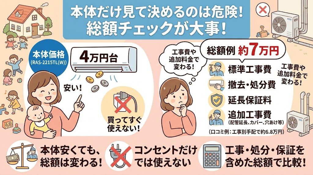 東芝RAS-2215TL(W)の悪い口コミ：工事費や追加料金で総額が変わりやすい