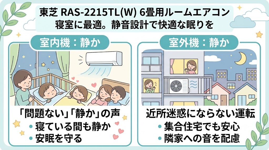 東芝RAS-2215TL(W)の良い口コミ：運転音が静かで寝室にも使いやすい