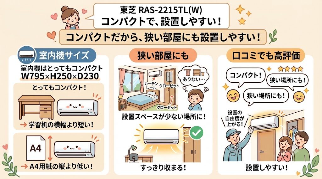 東芝RAS-2215TL(W)の良い口コミ：コンパクトで設置しやすい