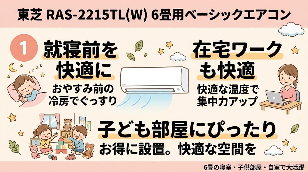 東芝RAS-2215TL(W)で後悔しないための「6畳適性」と総額チェック：6畳の寝室・子ども部屋・自室なら満足しやすい