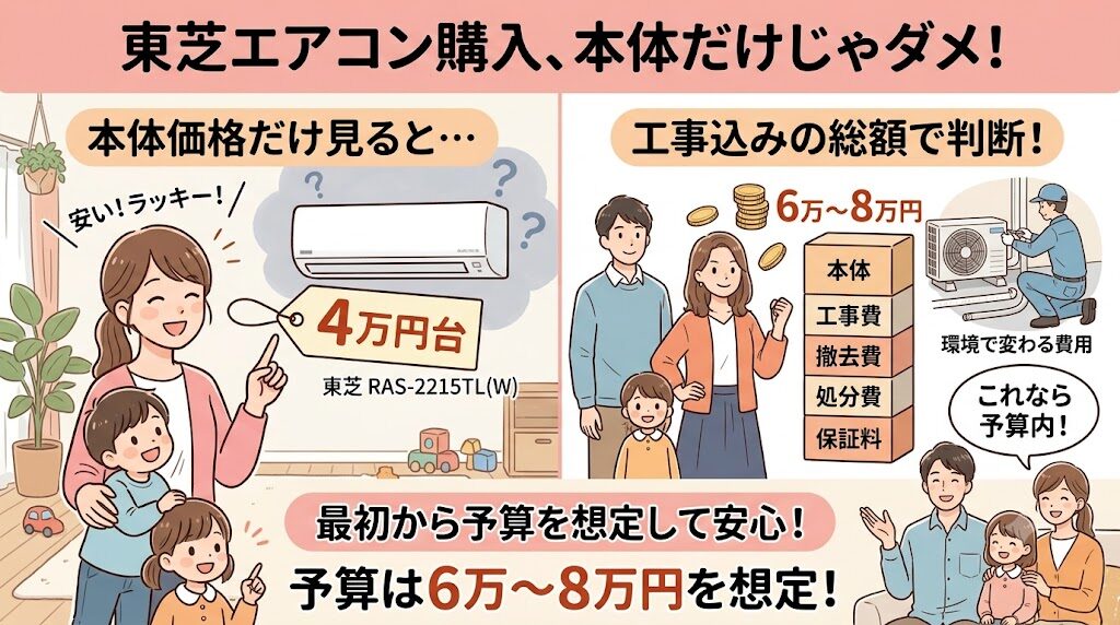 東芝RAS-2215TL(W)で後悔しないための「6畳適性」と総額チェック：本体の価格だけでなく工事込み総額で判断する