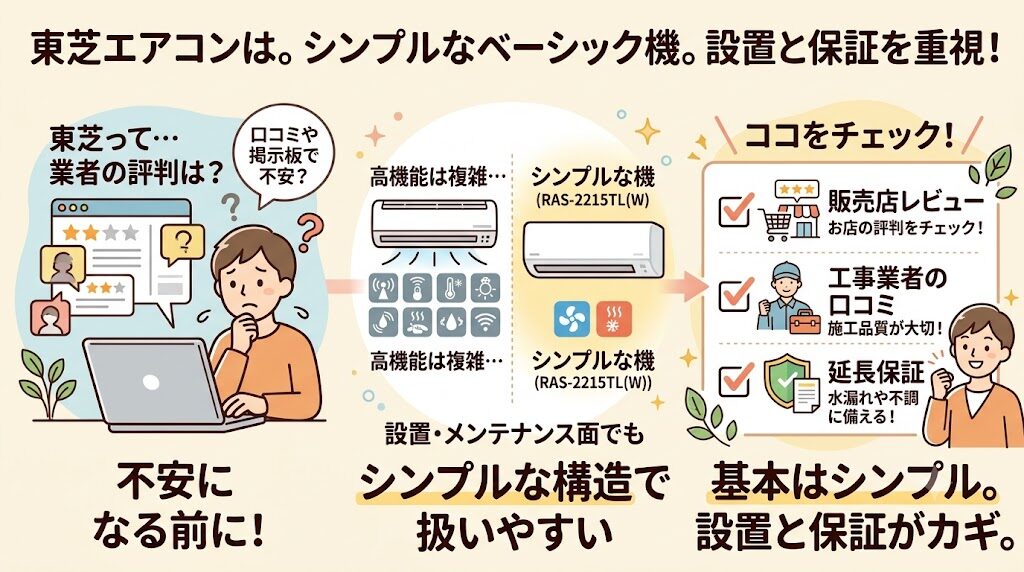 東芝RAS-2215TL(W)で後悔しないための「6畳適性」と総額チェック：エアコンの評判が気になる人は施工店と保証を重視する
