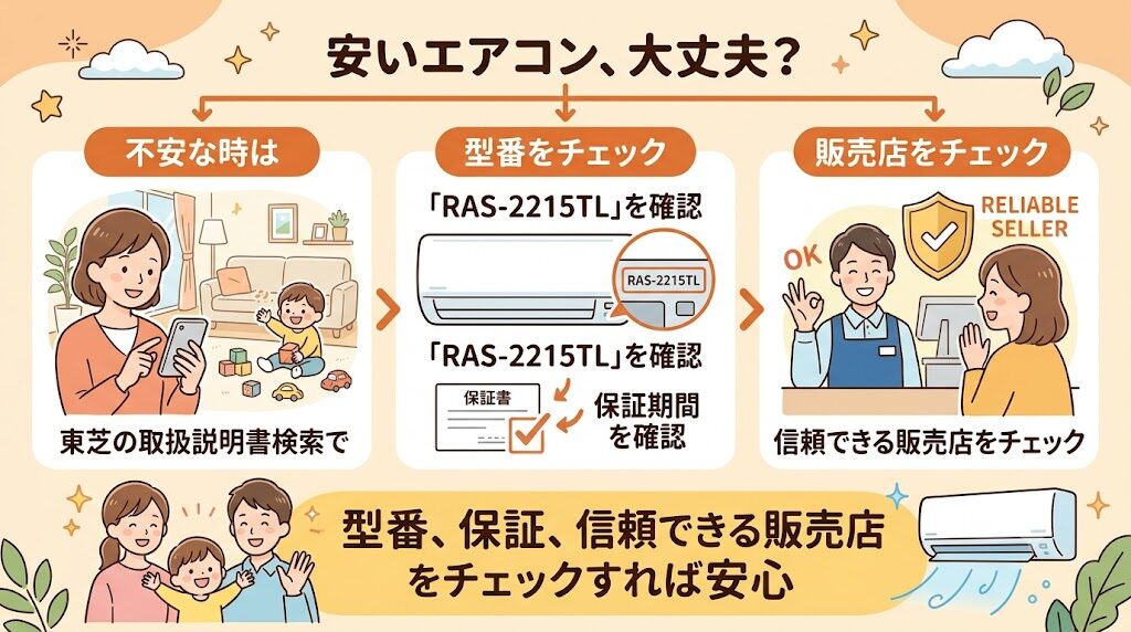 東芝RAS-2215TL(W)で後悔しないための「6畳適性」と総額チェック：「安いけど大丈夫？」と不安な人は型番と取扱説明書を確認する