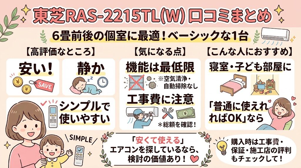 東芝RAS-2215TL(W)の口コミまとめ:6畳前後の個室に使いやすい、コスパ重視のエアコン