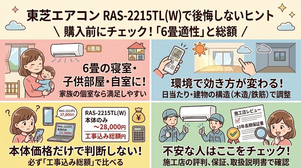東芝RAS-2215TL(W)で後悔しないための「6畳適性」と総額チェック