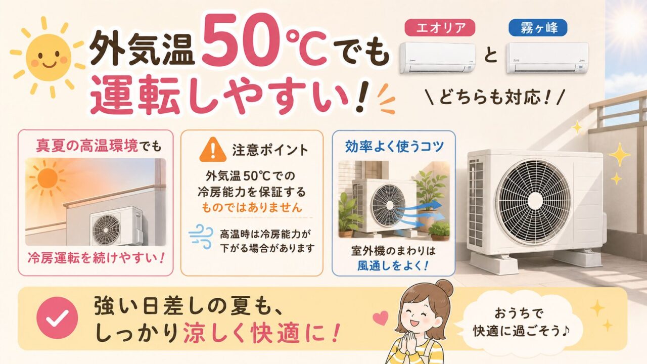 エオリアCS-225DFL-Wと霧ヶ峰MSZ-GV2225-Wの外気温50℃でも運転しやすいを示す比較画像