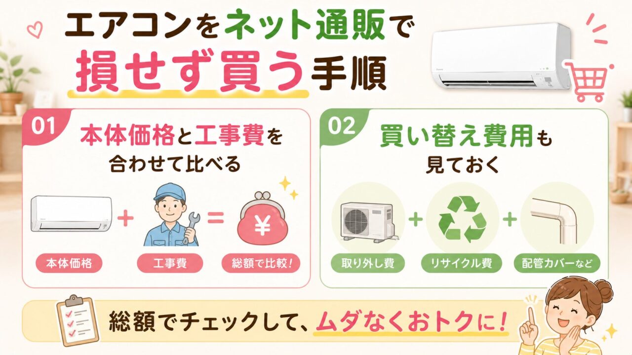 エアコンをネット通販で損せず買う手順を示す比較画像