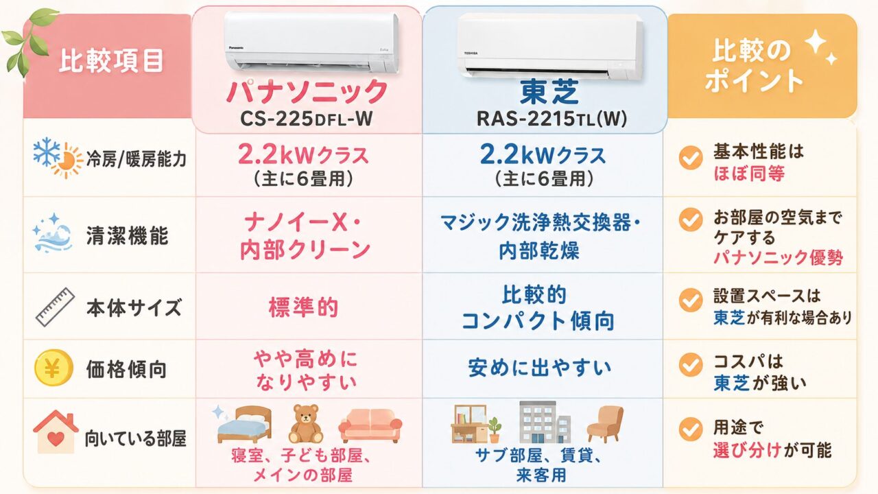パナソニック CS-225DFL-Wと東芝 RAS-2215TL(W)の違い比較