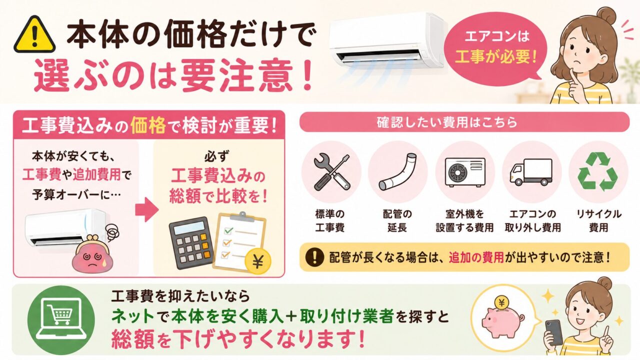 エアコン購入時に工事費込み総額を確認するポイント